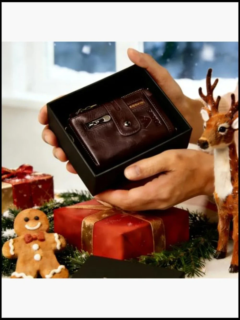 Mens Anti-Theft Chain Wallet Genuine Leather RFID Bifold Wallet with ID Window